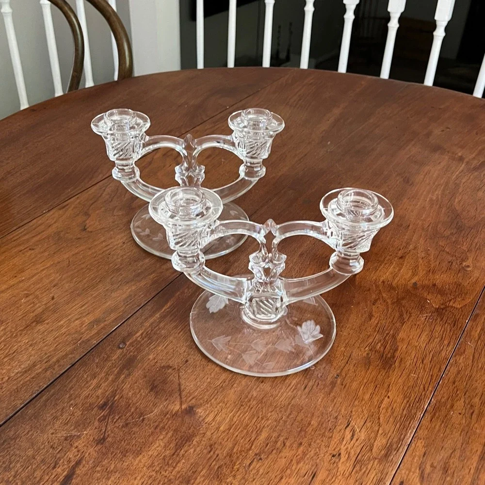 Pair of Vintage Indiana Glass Line #370 Double Light Candlestick Holders.